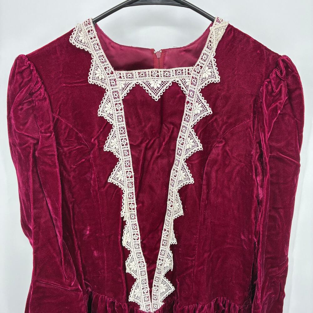 Jessica McClintock Velvet Lace Trim Midi Dress Size 12 Burgundy Vintage USA Made